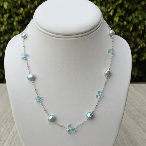 Blue Topaz & Blue Pearl Sterling Silver Necklace N-9