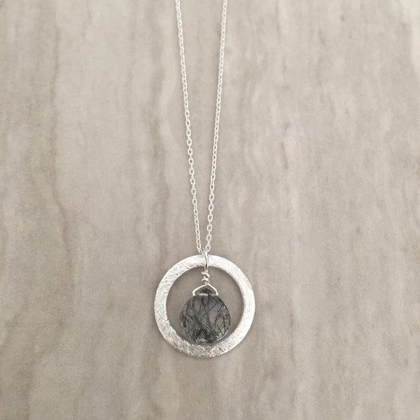 Black Rutilated Quartz in a brushed Silver Ring Necklace N-18