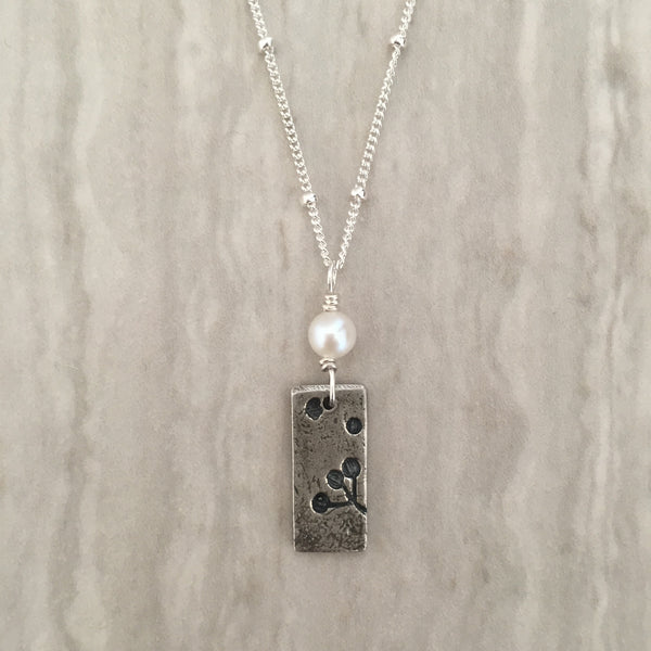 White Pearl with imprinted Silver Bar Necklace N-24