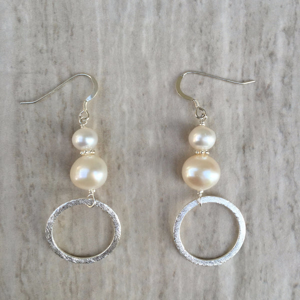 Potato-shaped White Pearls with Silver Ring Earrings E-19