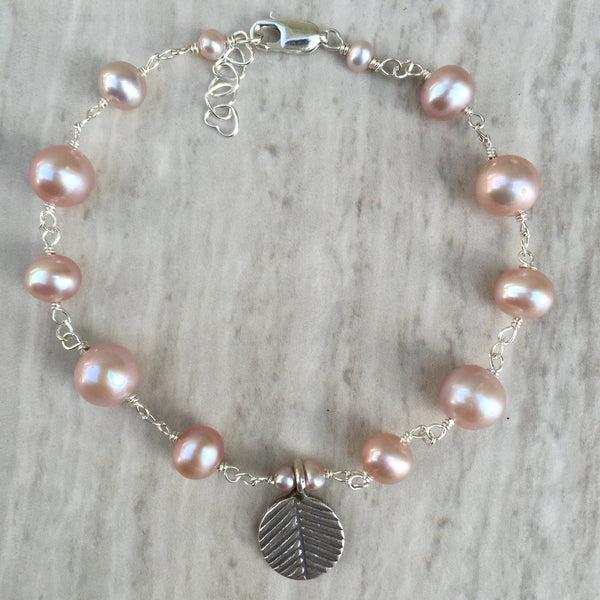 Pink Pearl With Silver Leaf Charm B-1