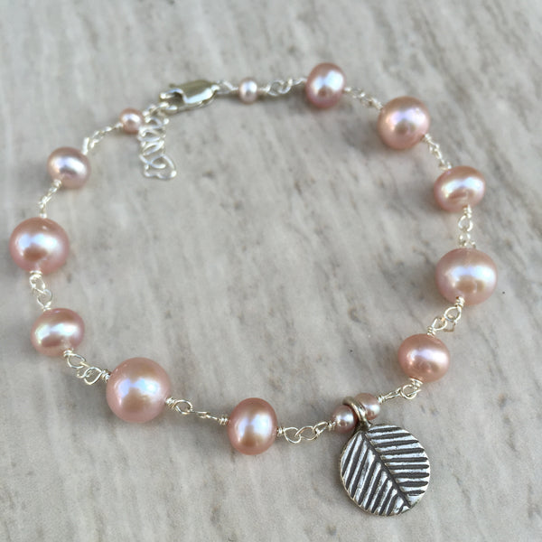 Pink Pearl With Silver Leaf Charm B-1