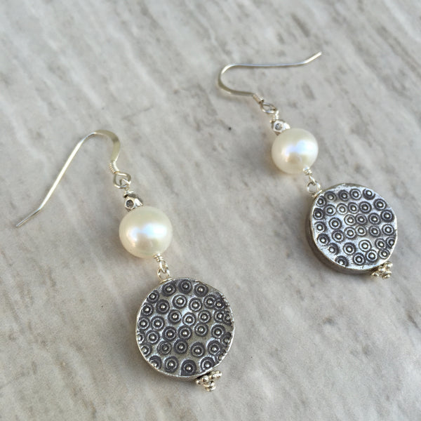 White Pearl With Puffed Silver Beads Earrings E-21