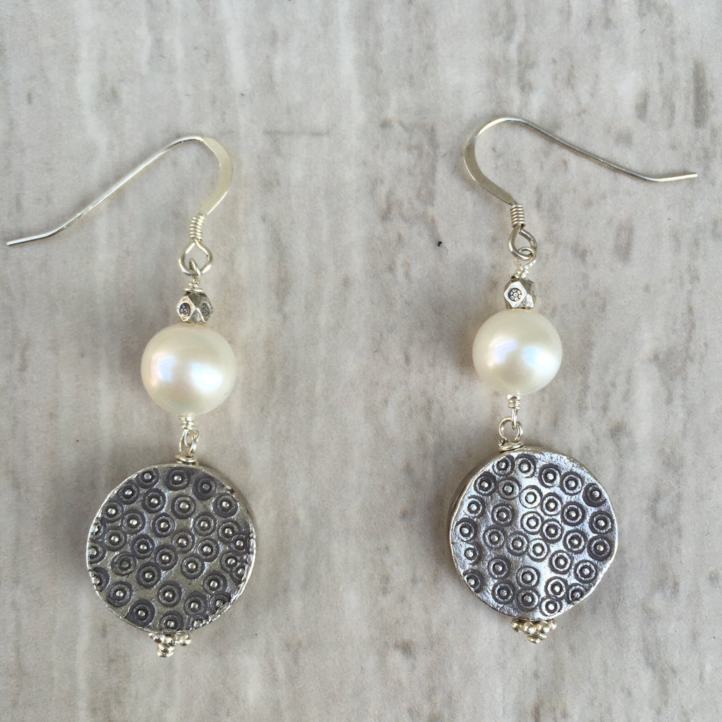 White Pearl With Puffed Silver Beads Earrings E-21