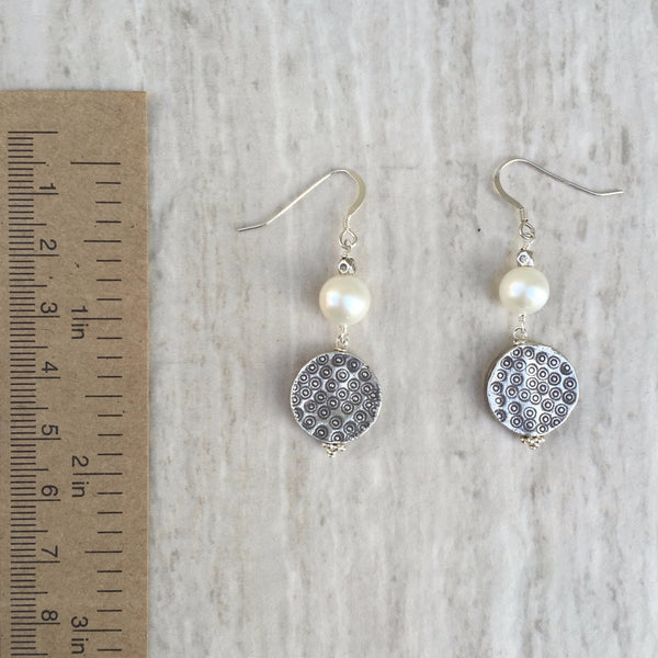 White Pearl With Puffed Silver Beads Earrings E-21