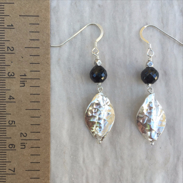 Black Spinel And Hammerd Silver Leaf Earrings E-6